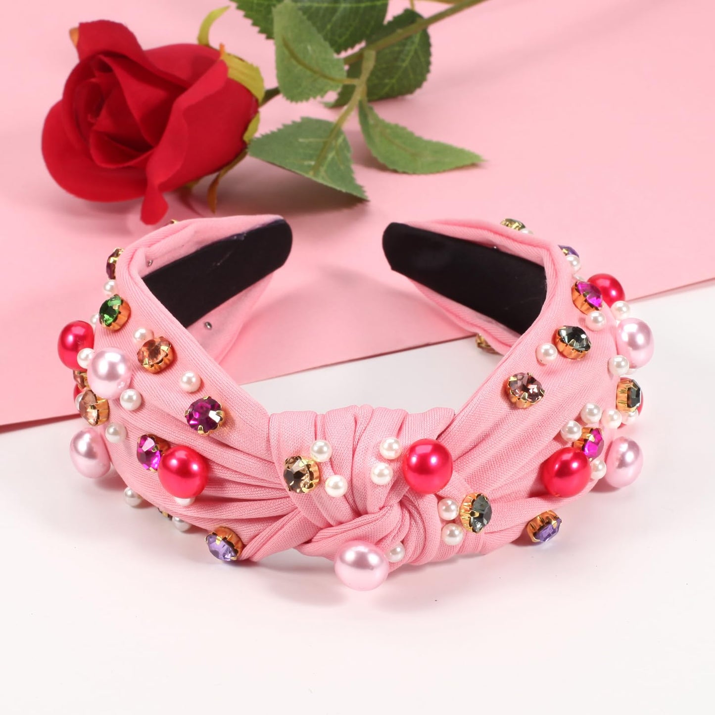 Pink Headbands with Pearl Rhinestone Wide Knotted Headbands Crystal Jeweled Head Bands for Women's Hair Embellished Non Slip Sparkly Hair Accessories for Girls Valentine's Day Gifts