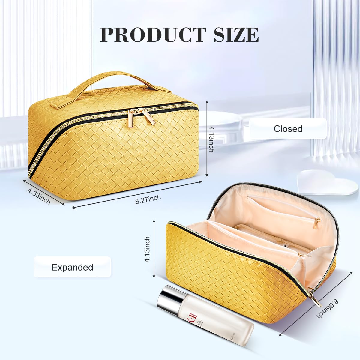 DTBG Travel Makeup Bag: Large Capacity Cosmetic Bag for Women, Portable PU Leather Waterproof Stuff Bag With Handle and Divider Flat Lay Makeup Pouch Toiletry Bag Birthday Gift for Women - Yellow