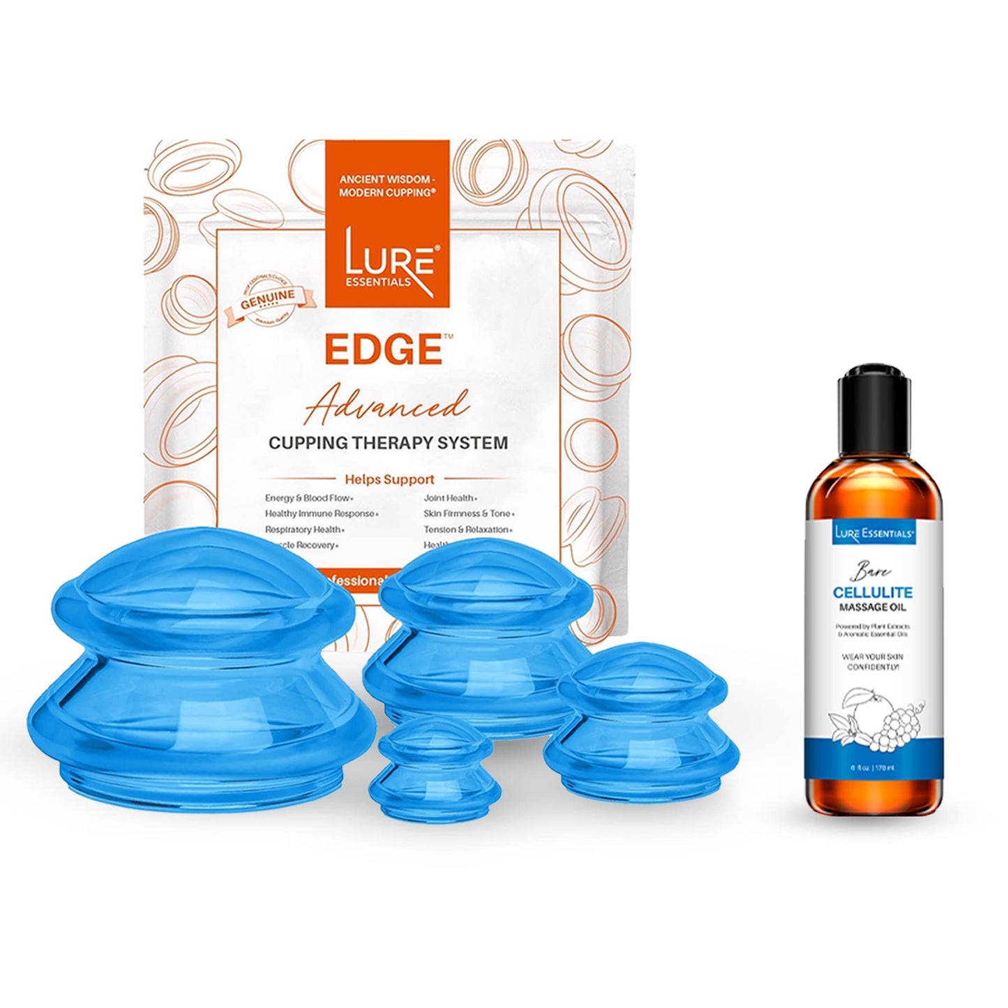 LURE Essentials Edge Body Massager and Bare Oil Bundle, Cupping for Cellulite, Stretch Marks and Body Toning Set