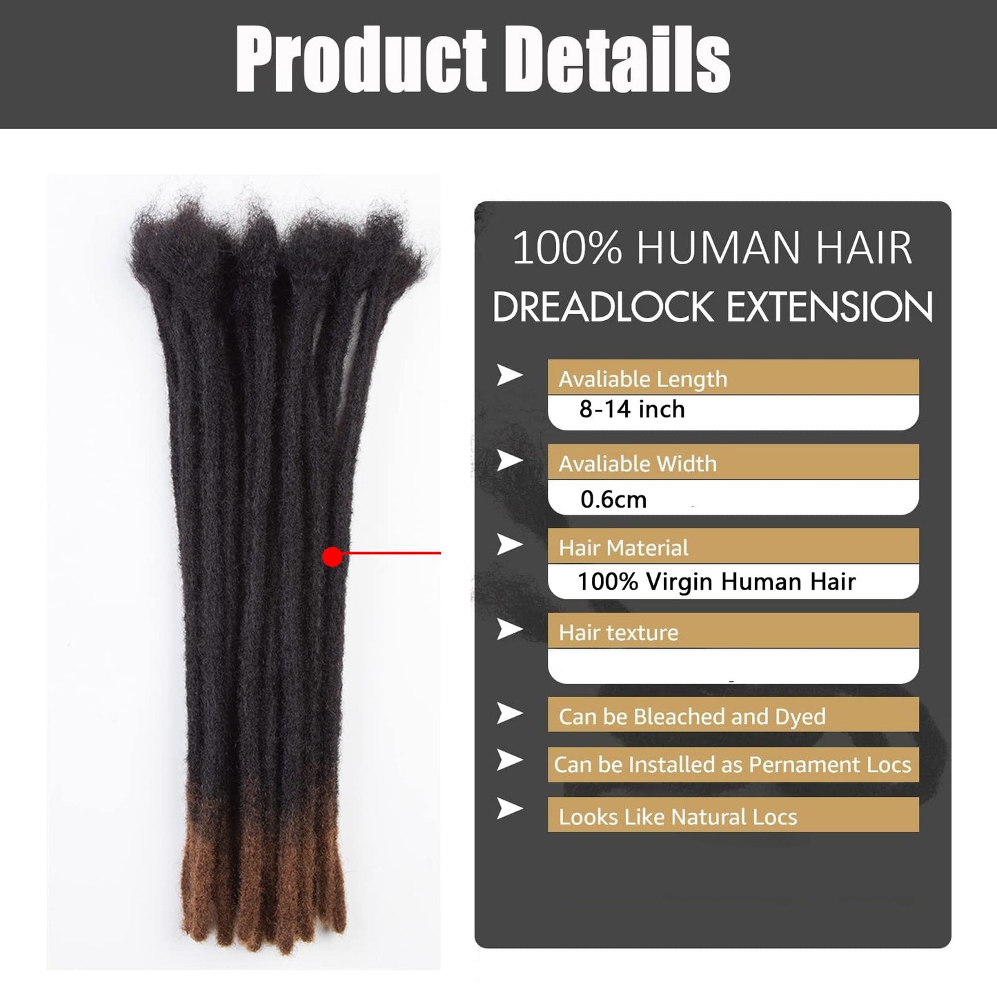 KYNLEY 0.6cm Permanent Loc Extensions Human Hair 30 Strands 8 inch Real Dreads Extensions Human Hair Dreadlock Extensions for Men Ombre Color T1B/30