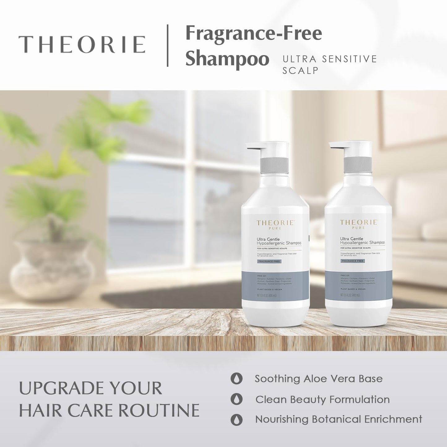 Theorie Pure Ultra Gentle Hypoallergenic Shampoo - Conditions & Soothes Itchy & Allergy Prone Skin - Fragrance-Free - Suited for Ultra Sensitive Scalp, Pump Bottle 400mL