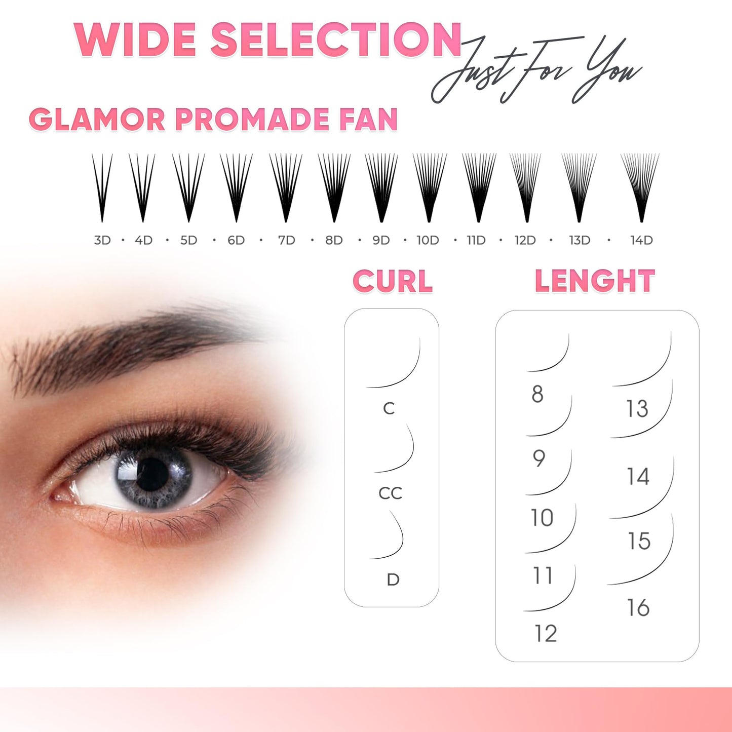 GLAMOREYELASH 500 Promade Volume Fans Loose Eyelash Extension, Handmade Individual Lashes Loose Fan 3D-16D, 0.03/0.05/0.07mm Thickness, C CC D Curl for Mink Lashes, 8-16mm Length (6D-0.07-C, 15mm)