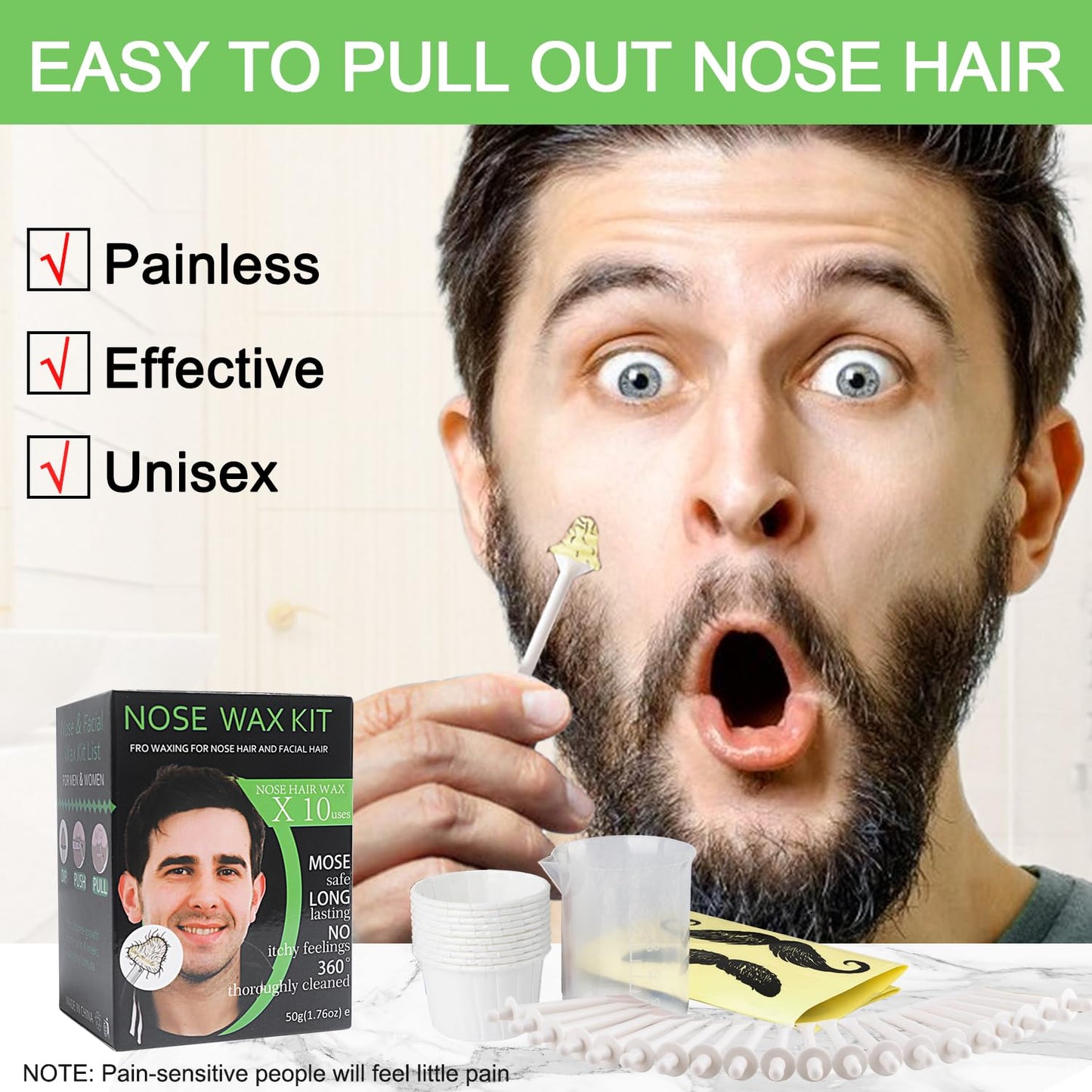 Nose Wax Kit Men, Nose Waxing Hair Wax Removal for Men Women, Nose Hair Waxing Kit For Men Ear Hair Waxing Kit Nose Hair Removal Kit for 50g Wax Beads 20 Applicators 10 Paper Cups 10 Mustache Guards