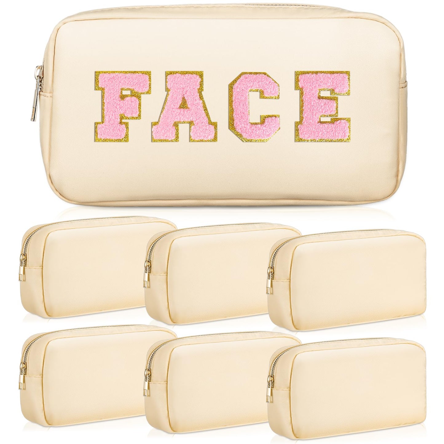 Remerry 6 Pcs Nylon Cosmetic Bag Travel Make up Pouch Toiletry Bag with Zipper Preppy Makeup Bag Waterproof Makeup Organizer Bag Set for Women Girls (Beige, 9.45 x 2.4 x 5.1 Inch)