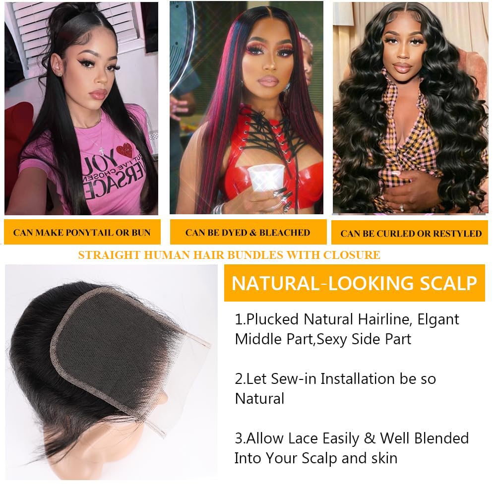 QTHAIR 14A Grade Brazilian Straight Human Hair Bundles with Closure(14" 14" 16"+12"Free Part Lace Closure,Natural Black) 100% Unprocessed Brazilian Virgin Hair Extensions for All Women