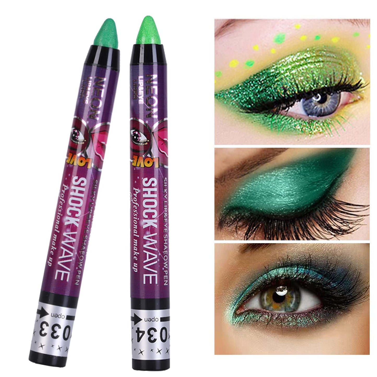 MEICOLY Green Eyeshadow Stick,Metallic Shimmer Crayon Eye Makeup,Green Eye Shadow Eye Makeup,Green Glitter Eyeshadow,Waterproof & Long Lasting Shiny Bright Rotating Eye Shadow Sticks,2 Pcs