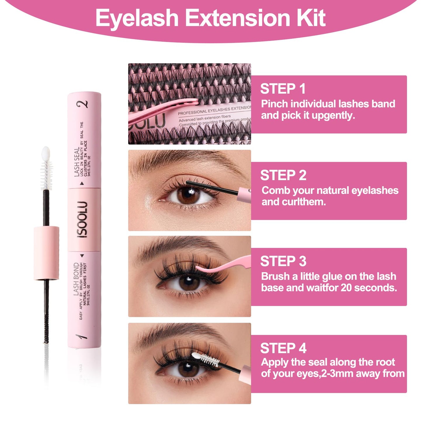 ISOOLU DIY Volume Lash Clusters 480pcs Lash Extension Kit Lash Extension Kit，40D+50D 9-16mm with Cluster Lashes，2pcs Bond and Seal，Lash Tweezers，Eyelash Brush.