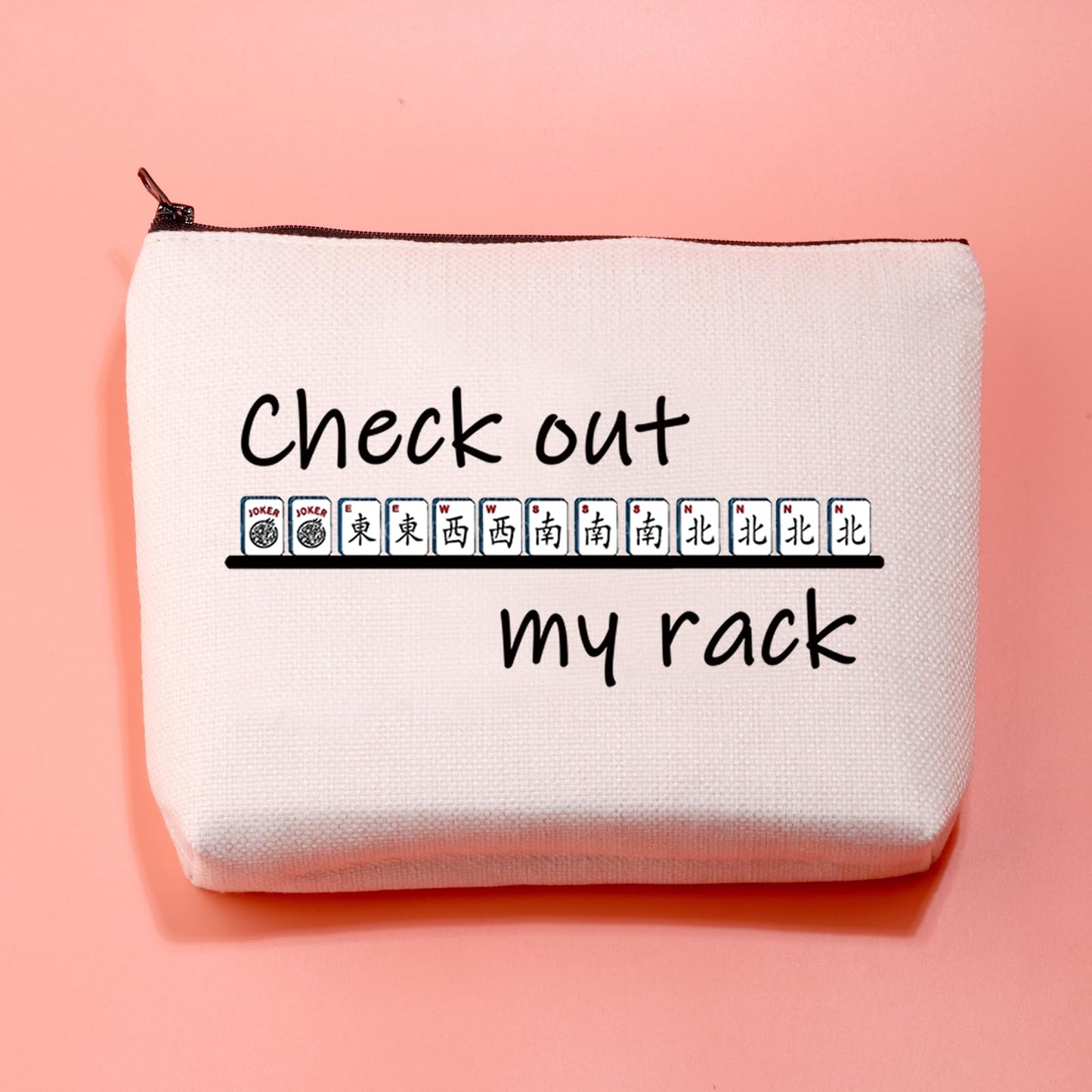 JXGZSO Funny Mahjong Makeup Bag Lucky Mahjong Player Gift Check Out My Rack Mahjong Cosmetic Zipper Bag Mahjong Board Game Storage Bag (Check Out My Rack)