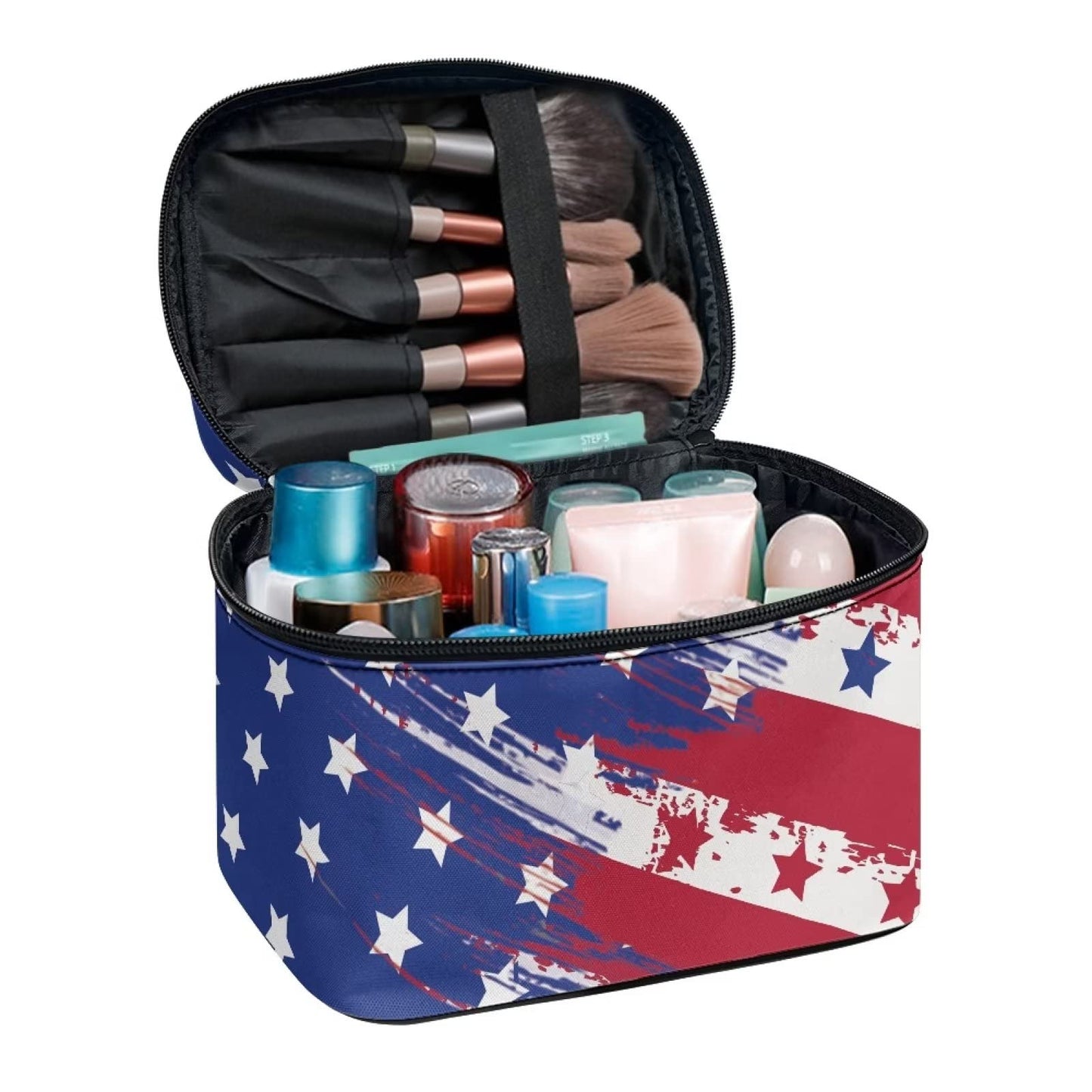 JEOCODY America Flag Cosmetic Bags for Women Travel Makeup Bag Portable Cosmetic Bag Multifunction Cosmetic Bag Toiletry Bag Large Capacity with Dividers for Cosmetics Makeup Brushes