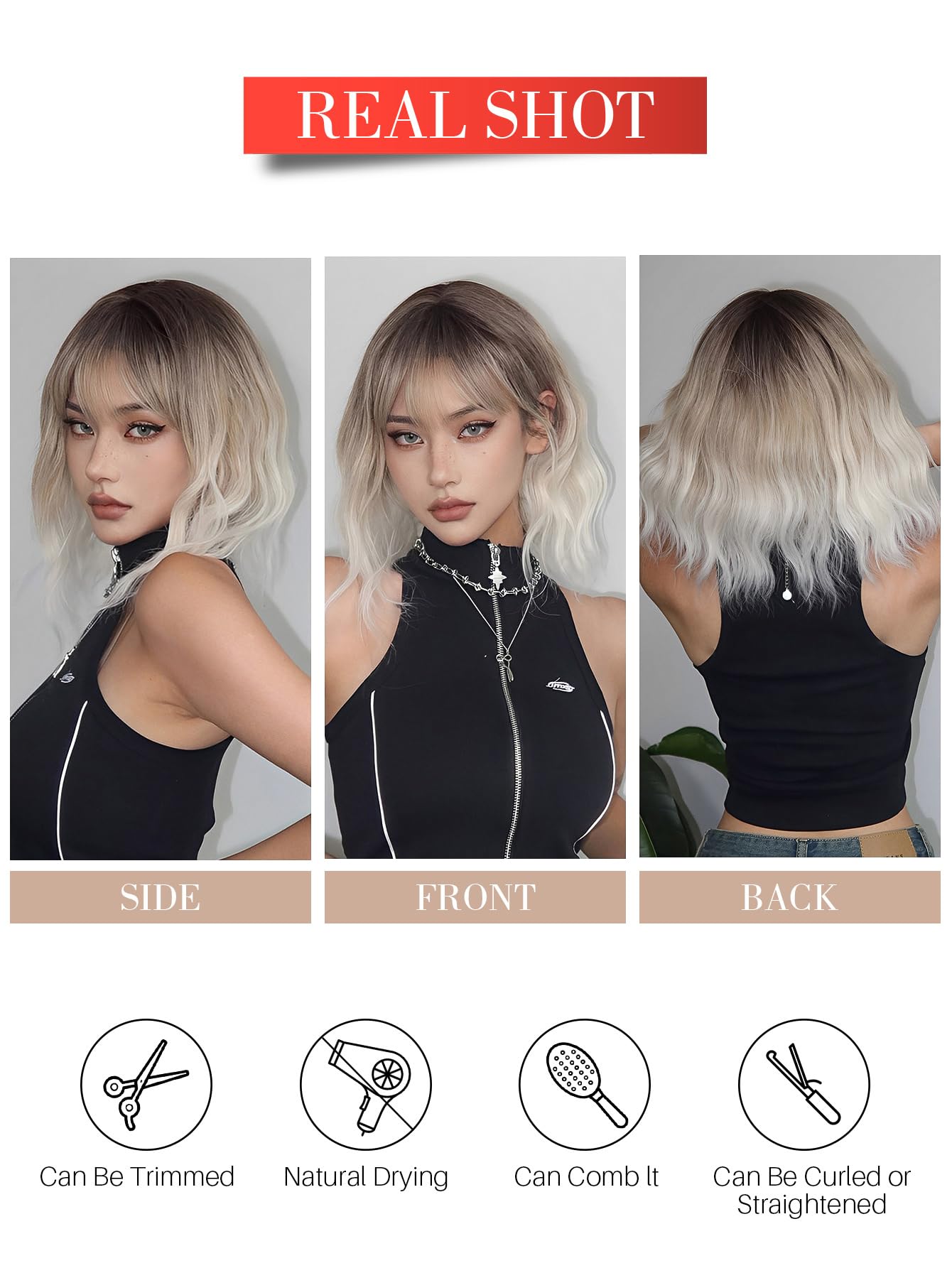 Allbell Short Ombre Blonde Wigs Wavy Bob Wig with Bangs Women Synthetic Curly Pastel Bob Wig for Girl Colorful Cosplay Wigs(Brown-Blonde-White)