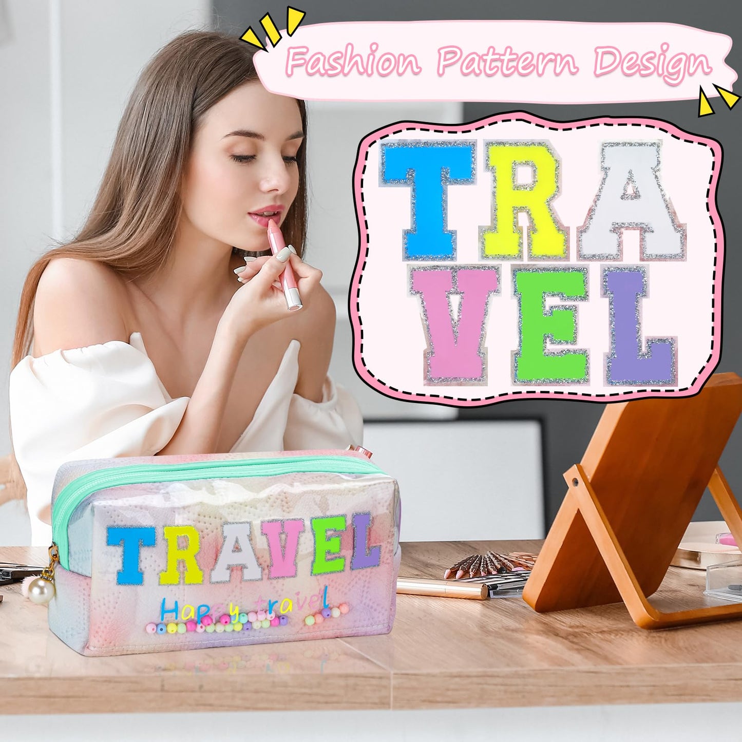 Pretty Coloreful TRAVEL Letter Patch Preppy Makeup Bag, Large Capacity Travel Makeup Bag Accommodate More Makeup & Toiletries, Daily Use & Travel Use Beautifully Designed Makeup Bag for Girls & Women