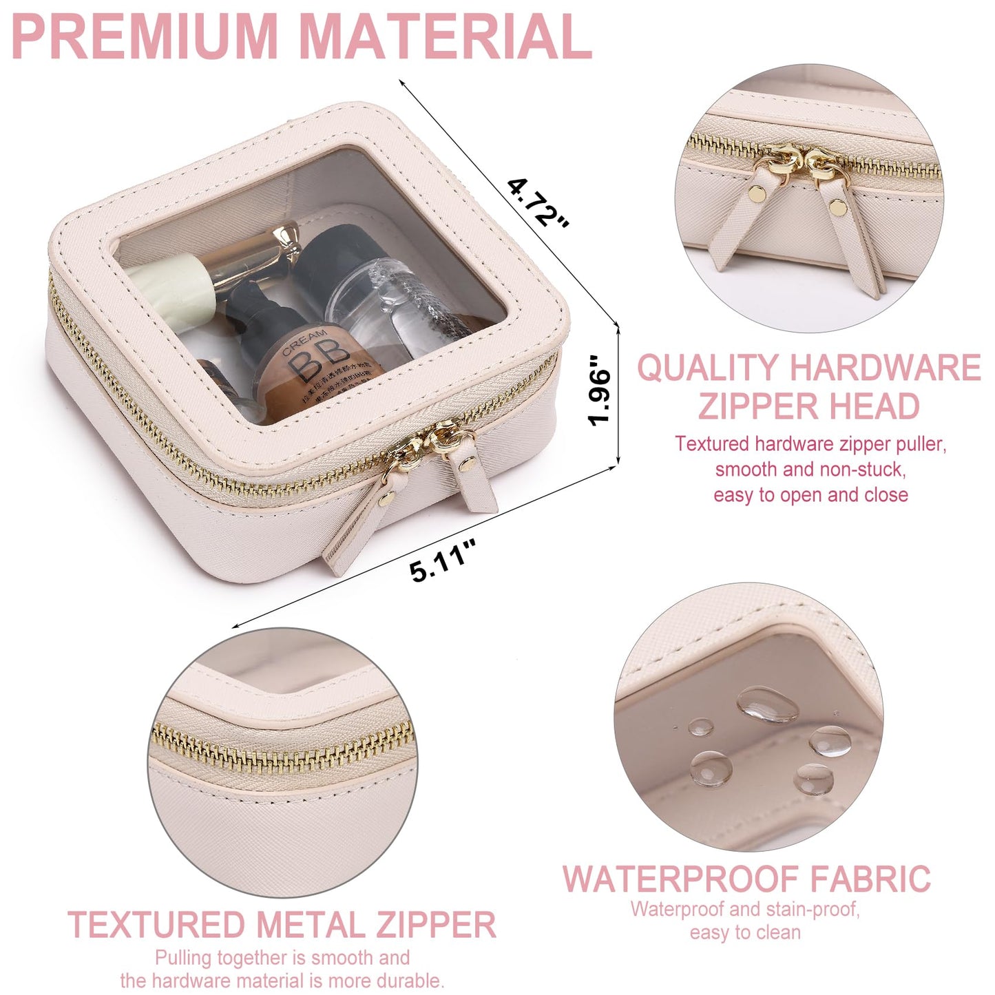 Pinkmik Clear Makeup Bag Transparent Travel Case for Cosmetics and Toiletries Women's Brush Bag and Clear Car Bag with Zipper (F/Beige, M+MINI)