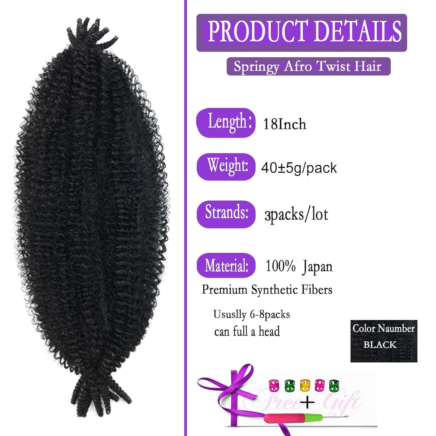 Marley Twist Braiding Hair 18 Inch Springy Afro Twist Hair Kinky Twist braiding Hair 3 Packs Marley Braiding Hair Afro Twist Hair Natural Spring Twist Hair Wrapping Hair for Soft Locs (18inch, 1B)