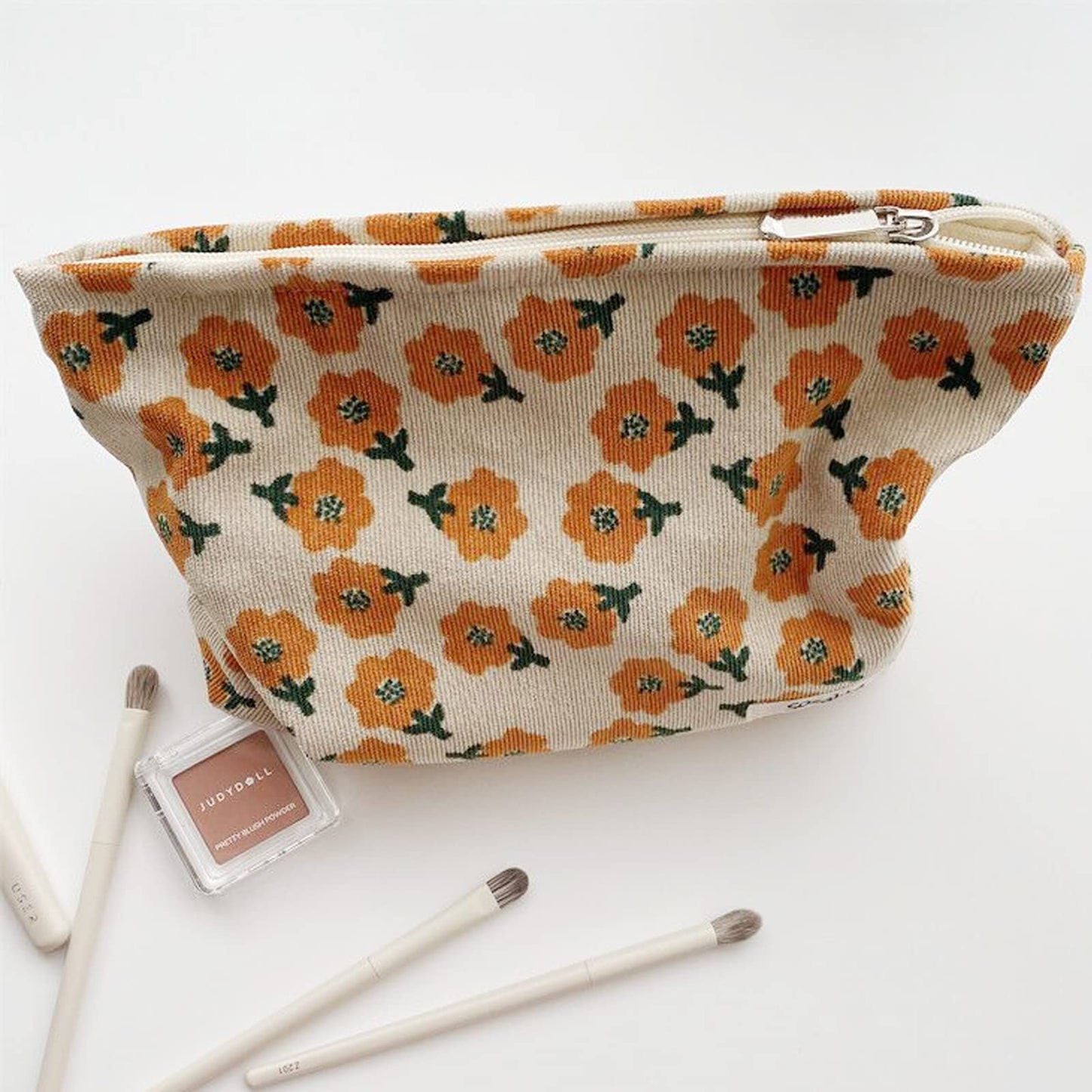 SxoSyo Cosmetic Bags for Women Makeup Bag Large Capacity Purse Travel Toiletry Zipper Storage Pouch Make up Brushes Organizer for Gifts (Orange, flower)