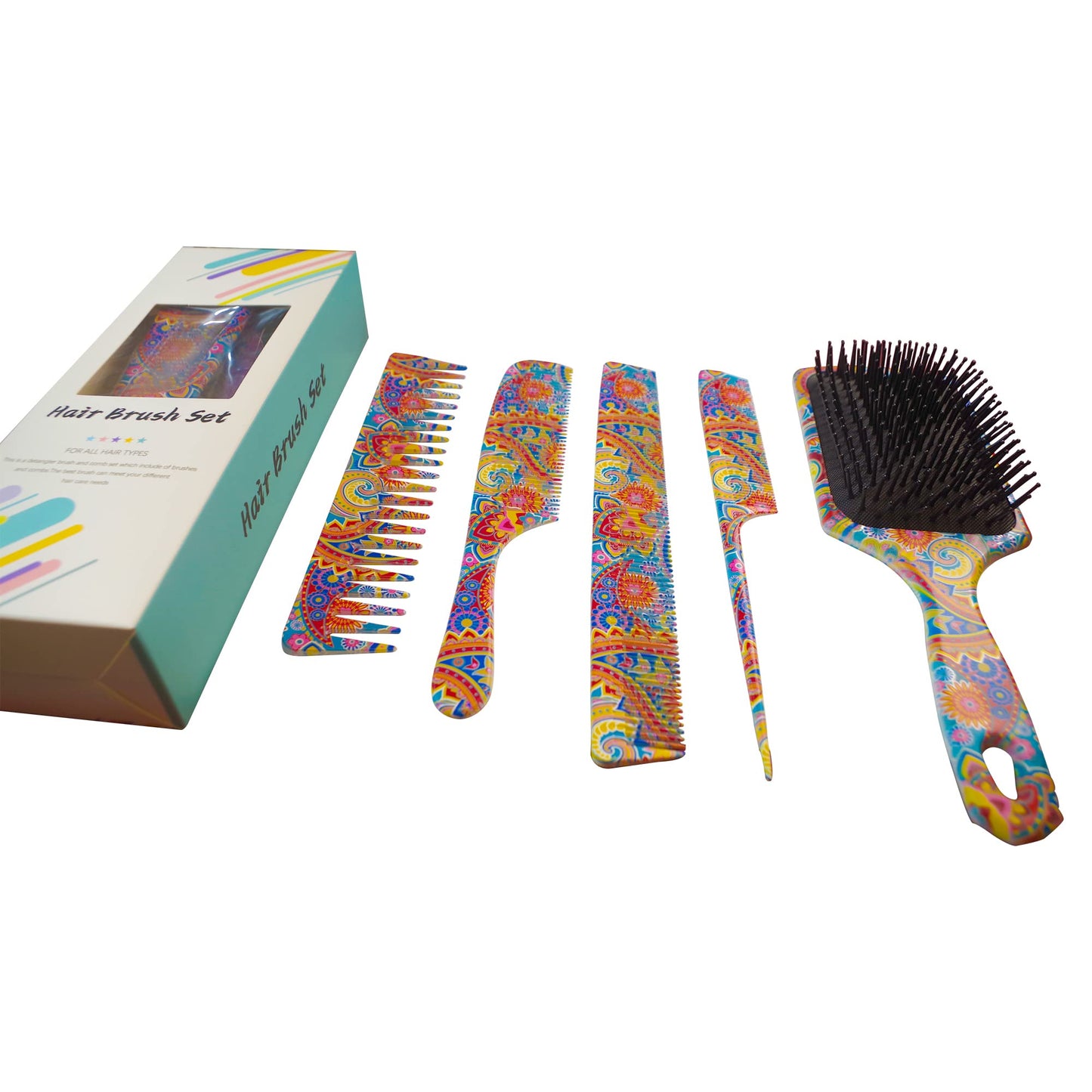 The Oriental Hair Brush and Comb Set by BeaverStrong - Far East All Purpose Large Paddle Brush and Combs Kit for Men and Women (5-Pack)