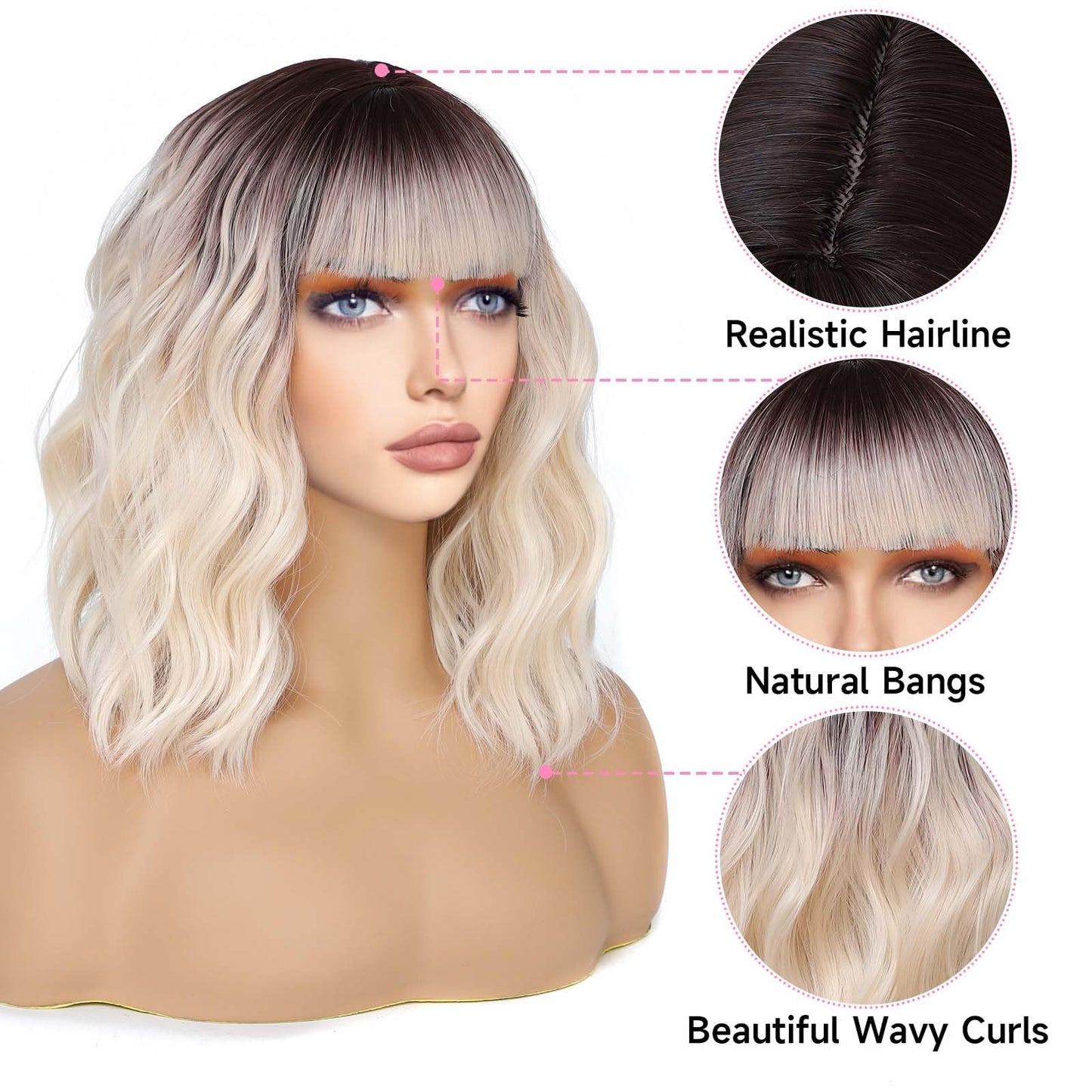 Lihui Ombre Blonde Wig With Bangs Short Wavy Bob Wig Colored Wigs For Women Fun Party Cosplay Wigs Synthetic Hair Wigs(Ombre Blonde, 12 Inch)