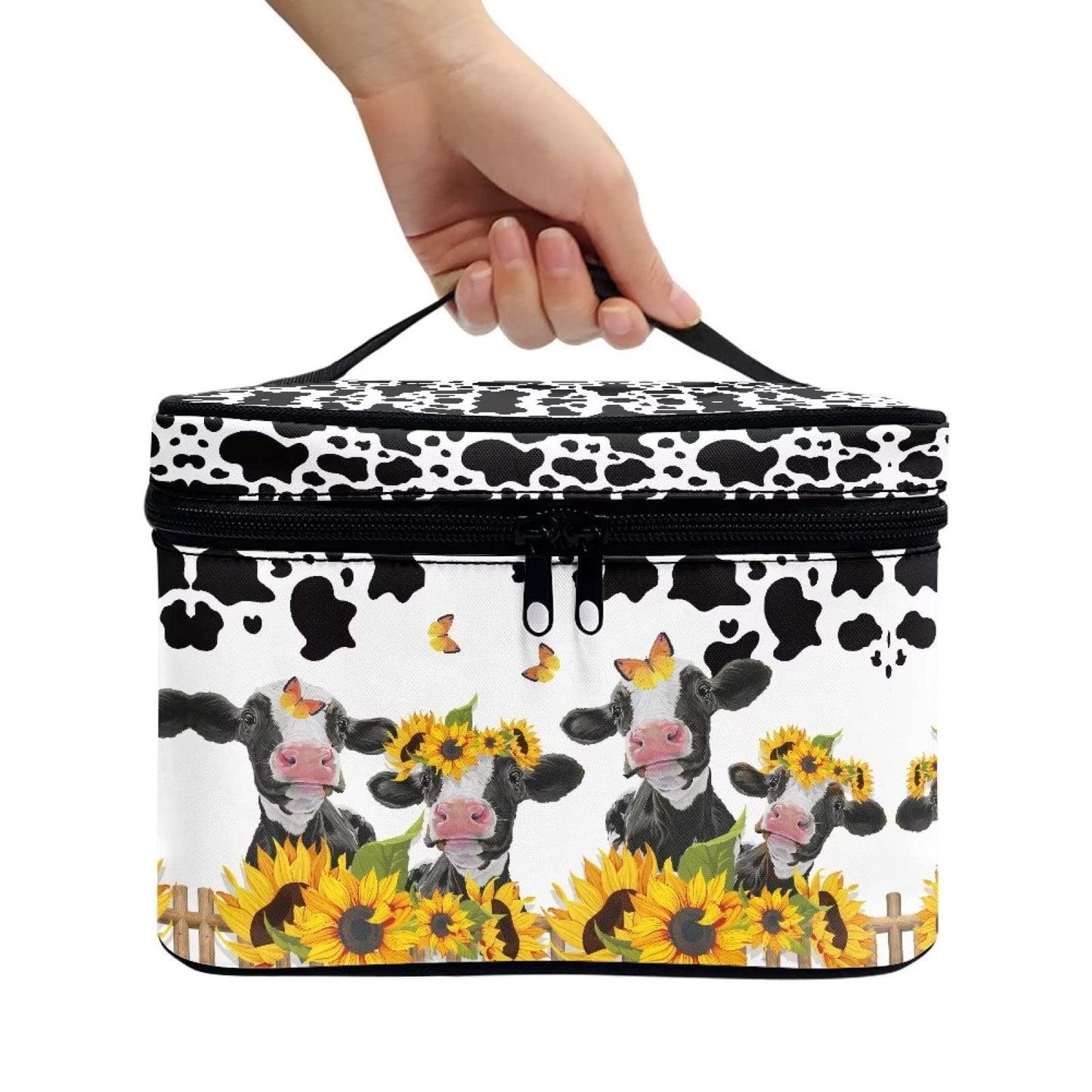 JEOCODY Cosmetic Bags for Women Sunflower Cow Print Portable Cosmetic Bag Multifunction Artist Storage Bag with Dividers for Cosmetics Makeup Brushes, Girls, Women, Friends Gifts