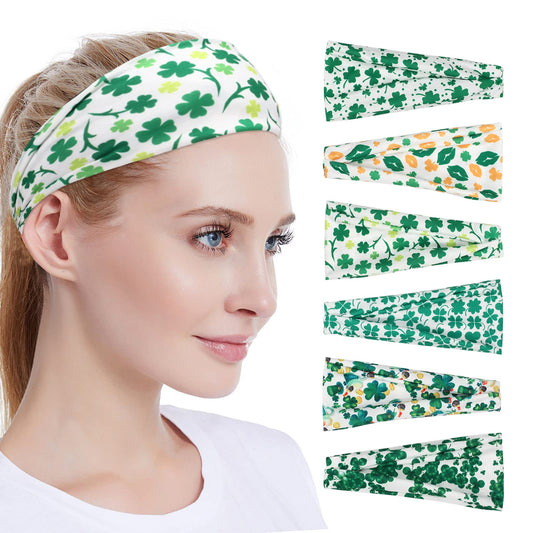 6 Pack St. Patrick's Day Headbands Green Shamrock Hairbands for Women Men No Slip Sweat Wicking Workout Headband for Yoga Running Exercise Hair Accessories Elastic Headwraps Unisex