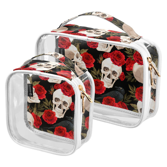 MNSRUU Clear Makeup Bags Red Rose Skull Toiletry Bag for Women 2 PCS Waterproof Clear Bags Clear Travel Toiletry Bag Small Cosmetic Makeup Bag, Carry on Airport Airline Compliant Bag