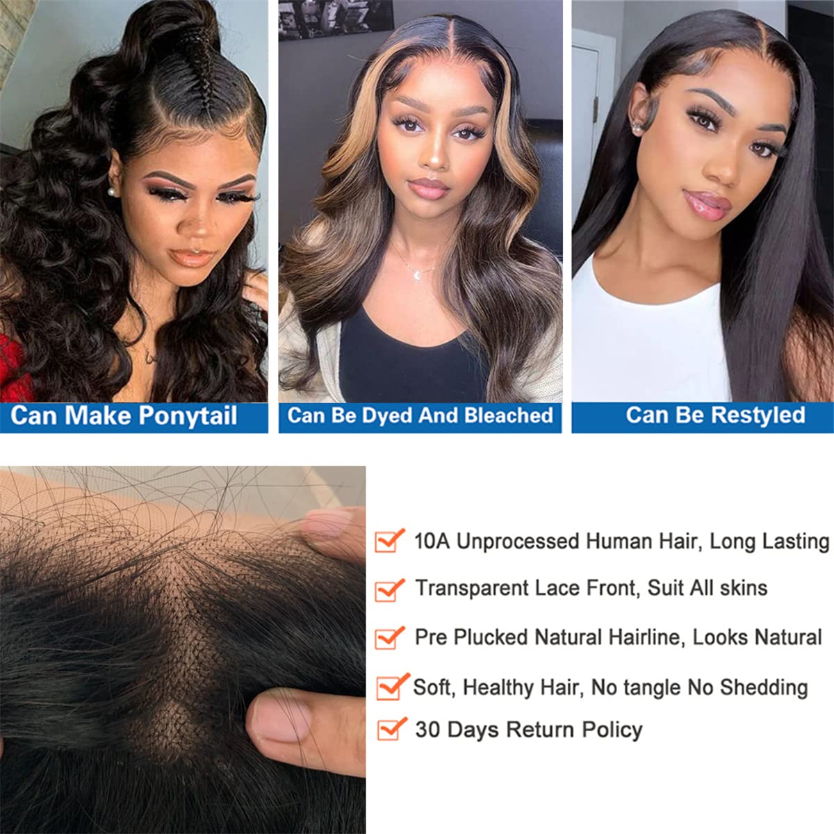 Body Wave 100% Remi Brazilian Virgin Hair 13X4 Ear to Ear HD Clear Lace Frontal Closure Body Wave Human Hair Pre-Pull Baby Hair extension Black Natural color 150 Density (18 Inch, 13X4 frontal)