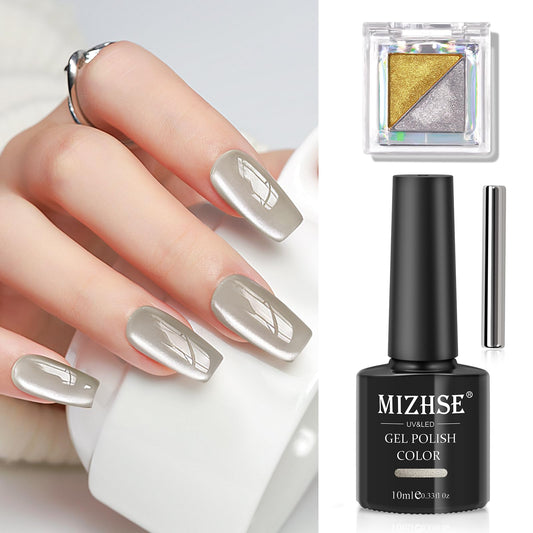 MIZHSE Cat Eye Gel Nail Polish: Silver Magnetic Gel Polish with Magnet Stick Metallic Mirror Chrome Powder, Maillard Style Magic Effect Galaxy Shimmer Holographic Nail Gel Soak Off Nail Art Salon