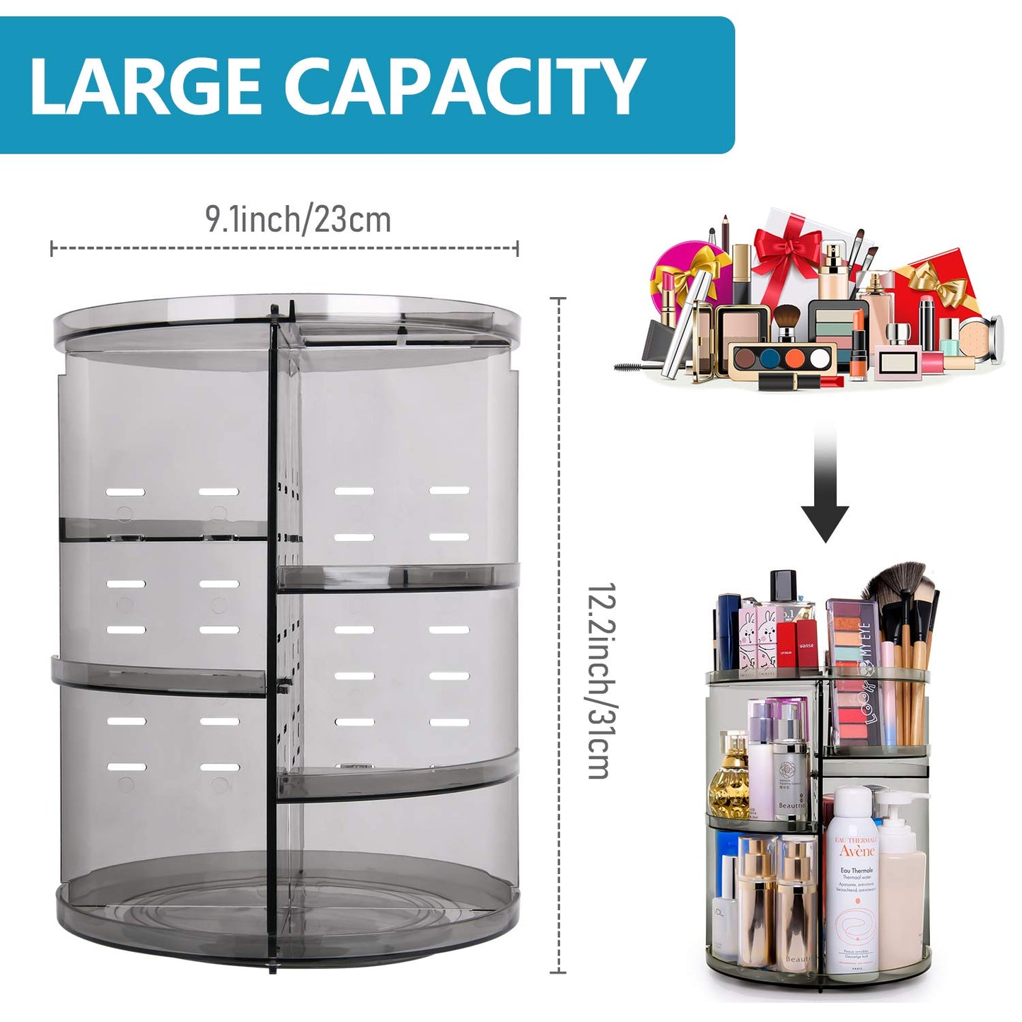 sanipoe 360 Rotating Makeup Organizer, Spinning Skincare Organizer,Cosmetic Display Case with Brush Holder Perfume Tray, Multi-Function Storage Carousel for Vanity Bathroom Countertop