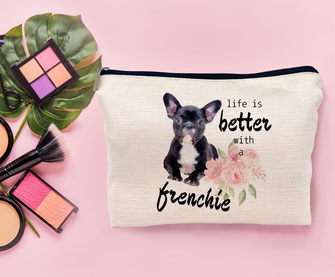 Lacosu French Bulldog Frenchie Makeup Bag Cosmetic Bags for Women, Frenchie Gifts for Women, French Bulldog Mom Gifts, Life is Better with a Frenchie Small Makeup Cosmetic Bag for Purse