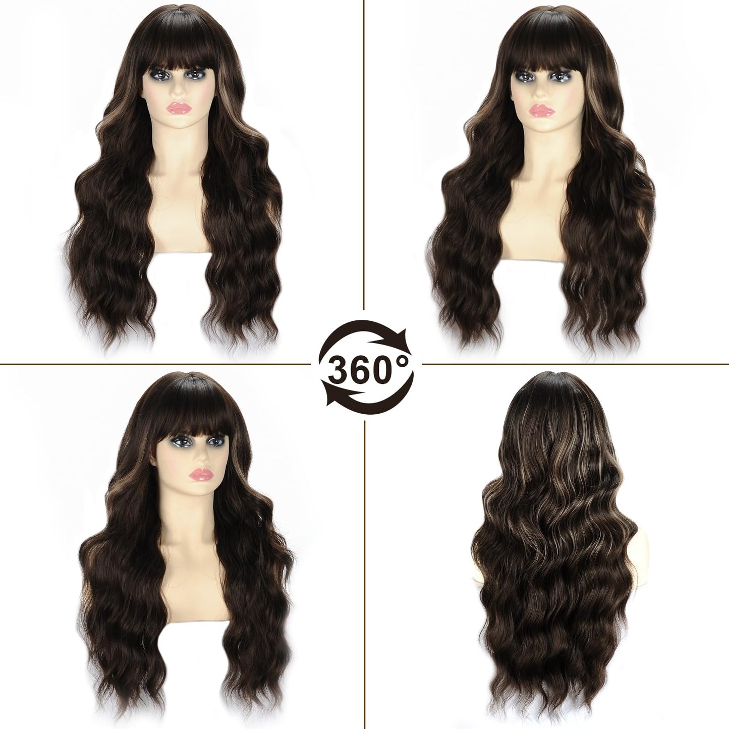 Remy Blue Long Brown Wig With Bangs for Women 26 Inch Long Wavy Hair Wig Brown Hightlight Curly Wavy Wig Natural Looking Synthetic Heat Resistant Fiber Wig for Daily Party Use