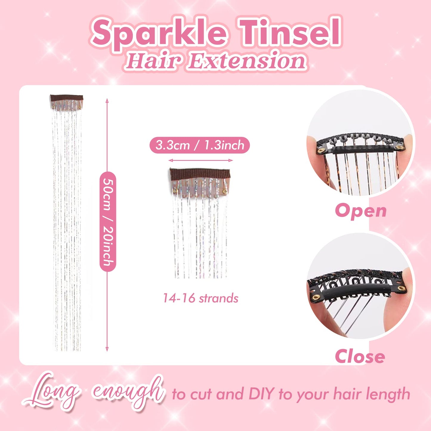 Clip in Hair Tinsel Kit, POROLIR 6Pcs Glitter Fairy Tinsel Hair Extensions 20 Inch Shiny Hair Tinsel Heat Resistant, Sparkly Strands Hair Accessories, Festival Gift for Women Girls Kids (Silver)