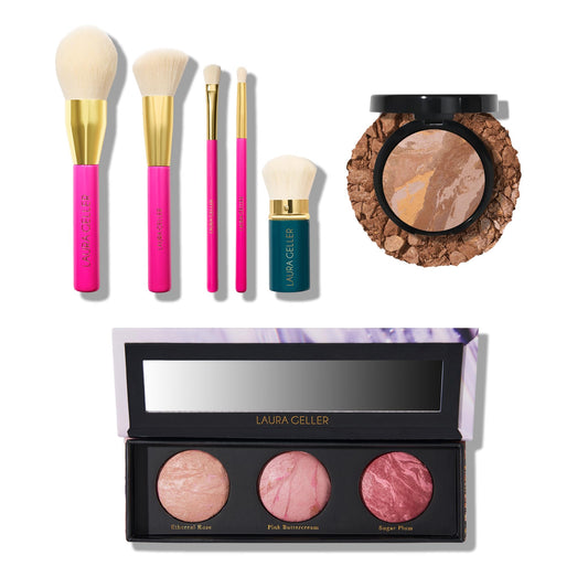 LAURA GELLER NEW YORK Baked Balance-n-Brighten Powder Foundation, Tan + Geller's Greatest Brush Trio + 5pc Full Face Makeup Brush Set | Amazon Exclusive |