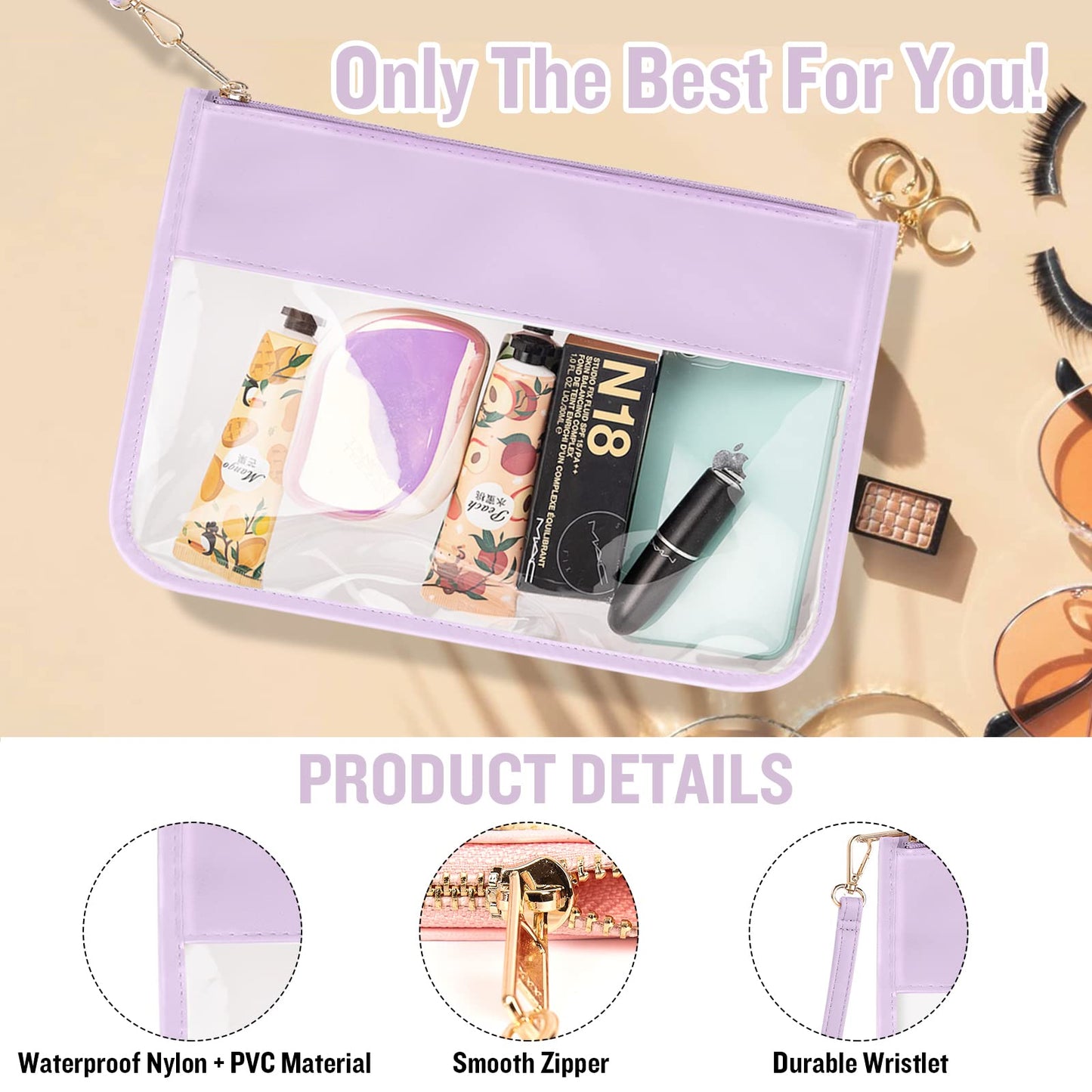 izuzta Clear PVC Flat Pouch, PU Travel Makeup Bag Clear Zipper Pouch with Wristlet, DIY Chenille Letter Bag Waterproof Portable Clear Travel Toiletry Bag Cosmetic Pouch for Women Girls (Purple)