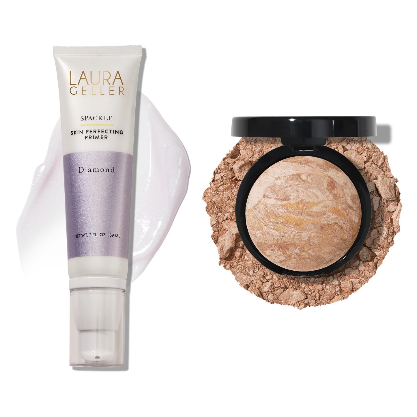 LAURA GELLER NEW YORK Illuminating Duo: Baked Balance-n-Glow Illuminating Foundation, Fair + Spackle Skin-Perfecting Makeup Primer, Diamond