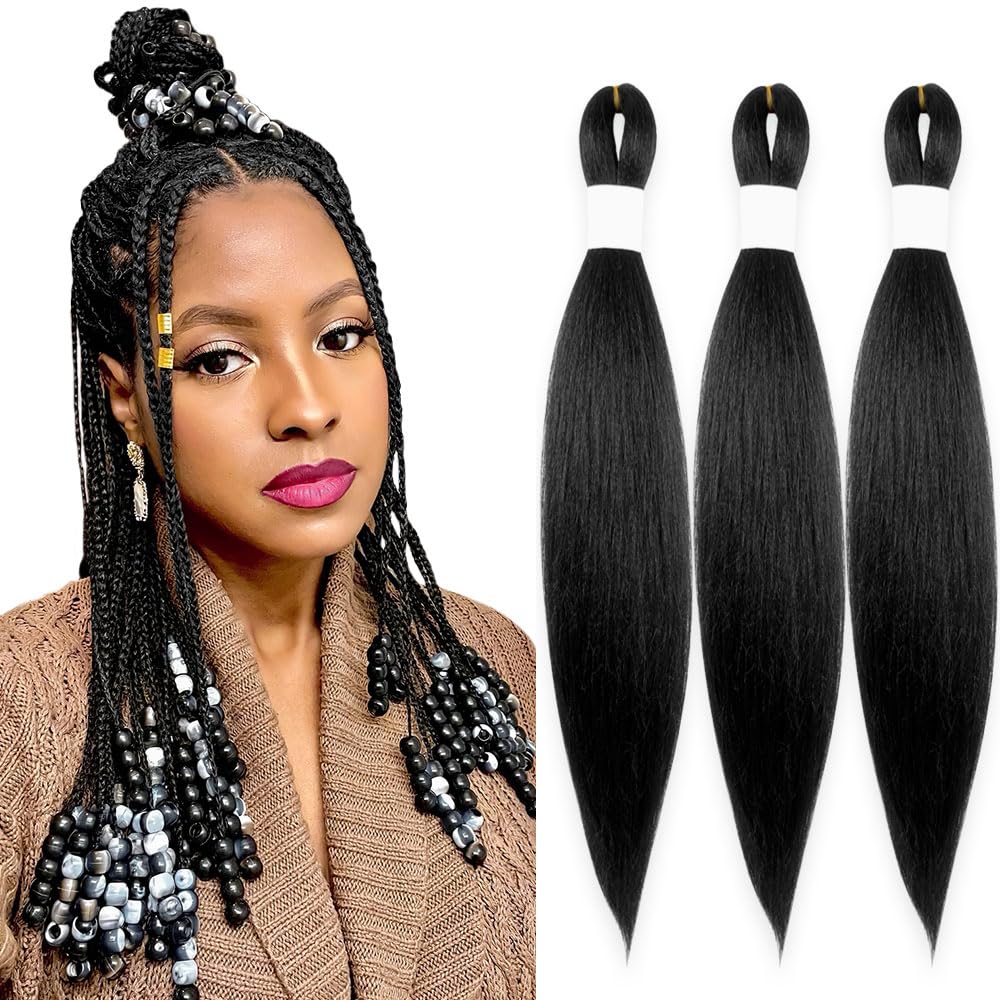 KAVSORAPI Braiding Hair 18 Inch Pre Stretched Hair Color 1 Long Straight Crochet Braids Yaki Texture Synthetic Fiber 3 Packs (1#/Jet Black)