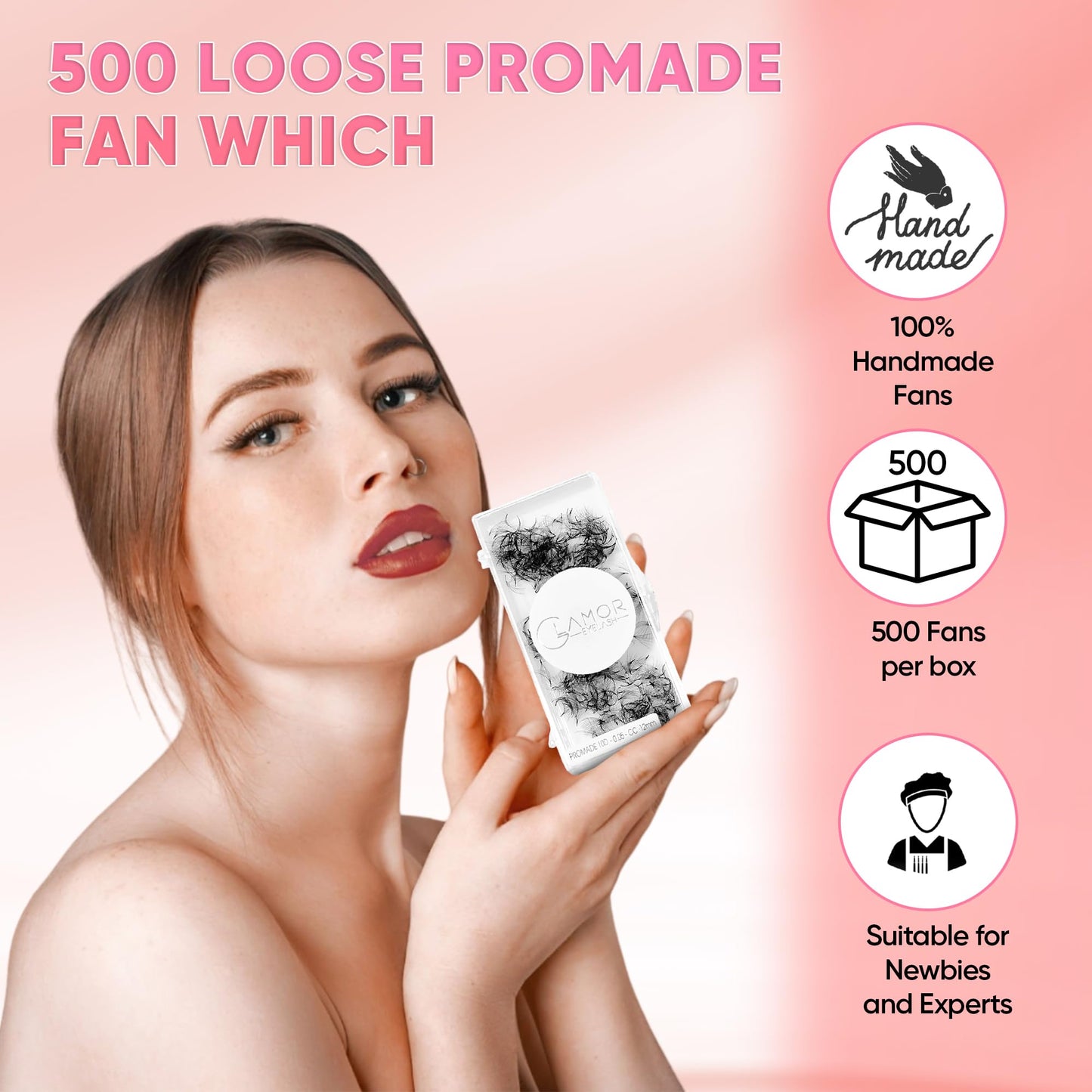 GLAMOREYELASH 500 Promade Volume Fans Loose Eyelash Extension, Handmade Individual Lashes Loose Fan 3D-16D, 0.03/0.05/0.07mm Thickness, C CC D Curl for Mink Lashes, 8-16mm Length (8D-0.05-C, 15mm)