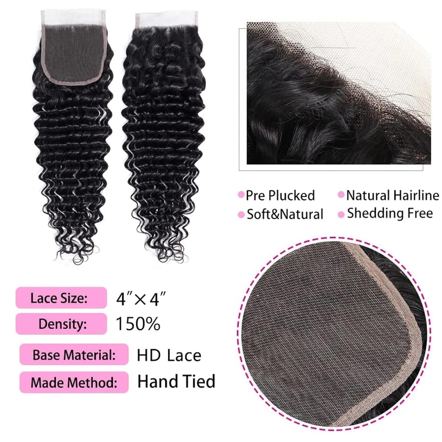 4x4 Deep Wave Lace Closure Human Hair 14 Inch Ear to Ear HD Lace Free Part Closure 100% Brazilian Virgin Human Hair Extensions 150% Density Lace Closure Pre Plucked (14 Inch, Natural Black Color)