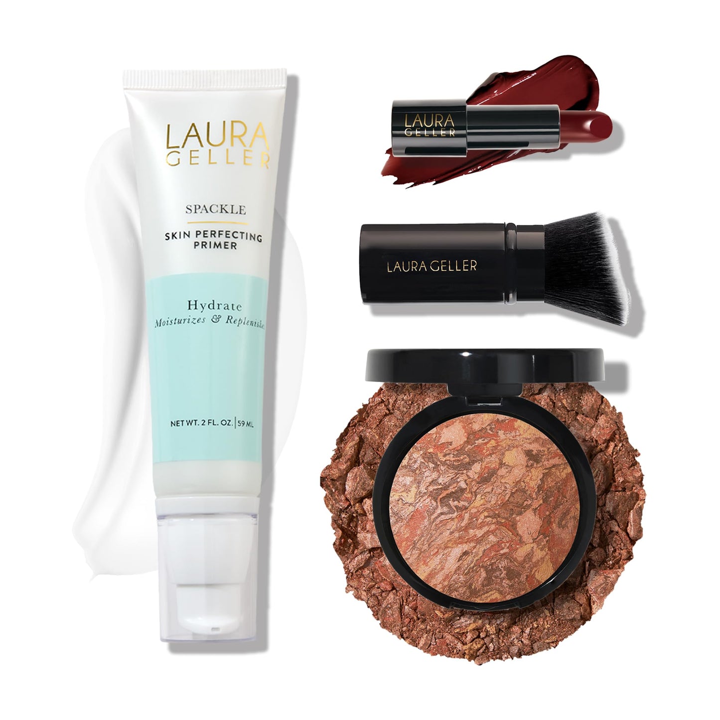 LAURA GELLER NEW YORK Effortless Essentials Kits (4pc): Baked Balance-n-Brighten Foundation, Deep + Spackle Makeup Primer, Hydrate + Modern Classic Cream Lipstick, Berry Bliss + Kabuki