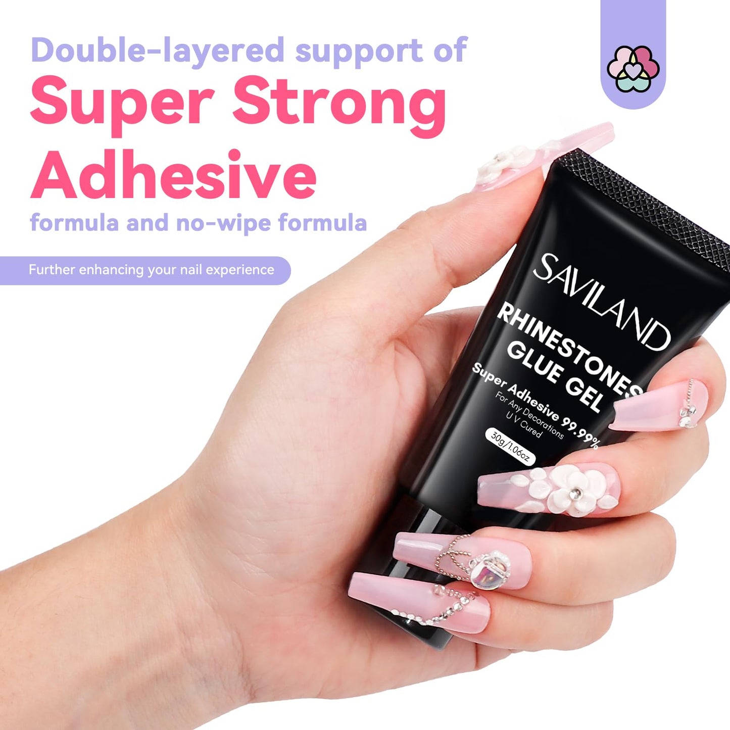 SAVILAND Rhinestone Glue for Nails Super Strong: 30g Nail Glue with Nail Art Tools, Nail Gem & Nail Charm Glue with Rhinestone Picker Tool & Tweezers, Glue 3D Art Easy Use for Big Decor Cured Need