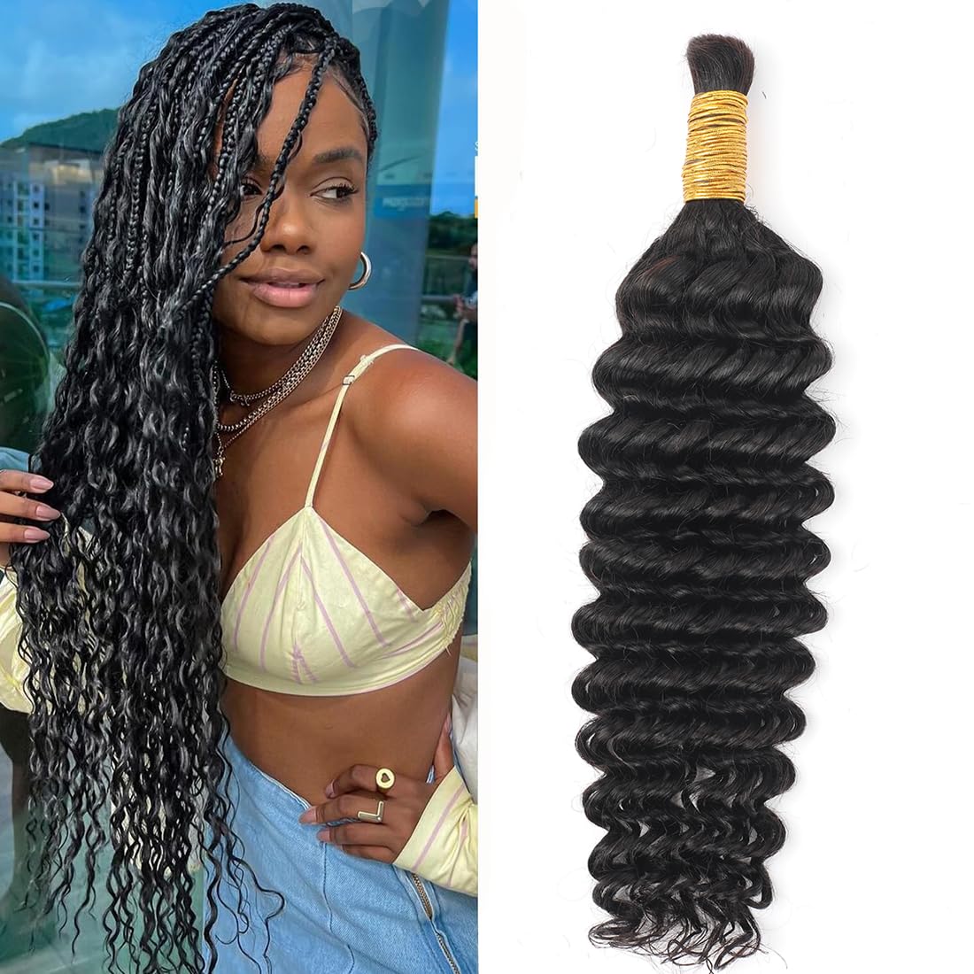 Human Braiding Hair for Boho Braids 12A 24" Deep Water Wave Bulk Human Hair Extensions for Braiding No Weft Brazilian Virgin Curly Loose Deep Wave Bulk Wet and Wavy 1 Bundle 100g Natural Black