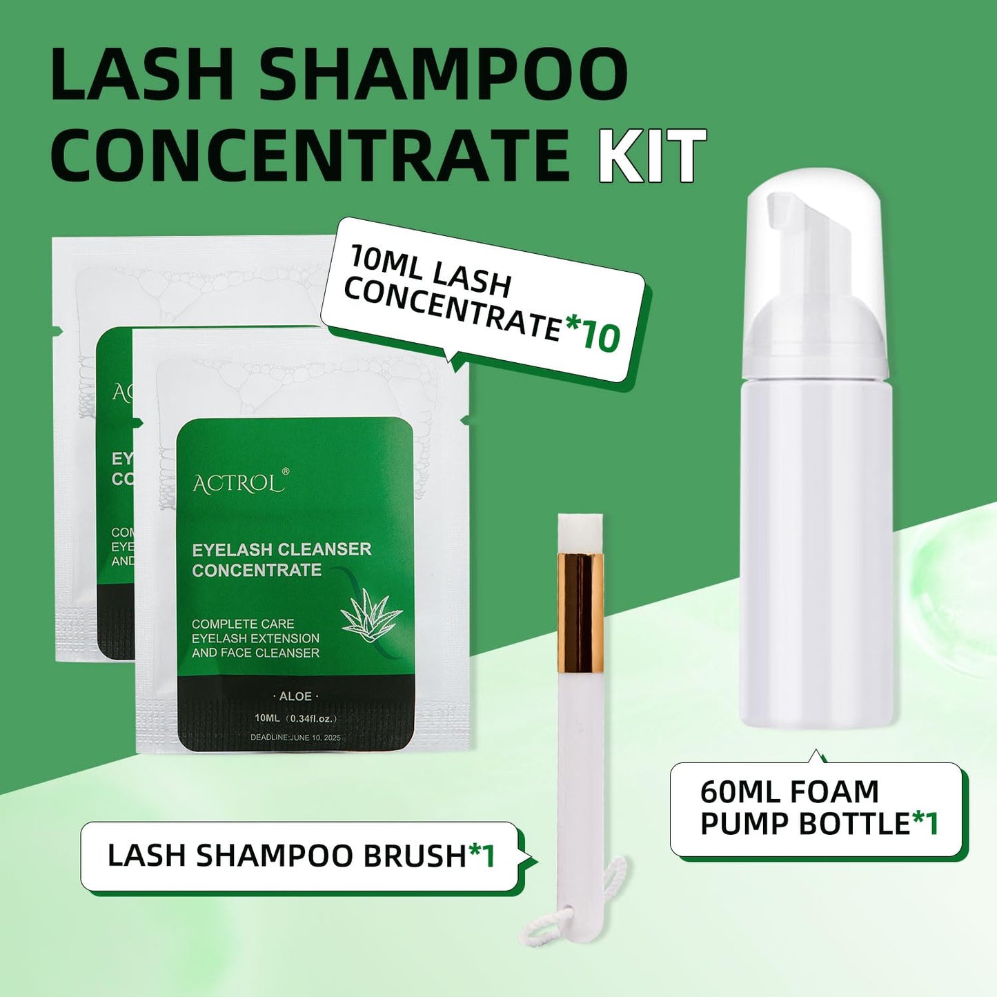 Lash Shampoo Concentrate 100ml Aloe Eyelash Extension Shampoo 10 Bags 10ml Pack Natural Foaming Cleanser 60ml Bottled Cleansing Brush DIY Lashes & Salon Home Care