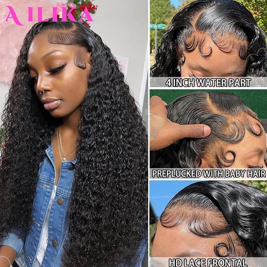 AILIKA 16 Inch Wear and Go 13 * 4 With Baby Hair Natural Hairline Wig HD TransparentKinky Curly Lace Front Wig Human Hair Pre Cut Pre Plucked For Black Women 3 Seconds to Wear Glueless Wig