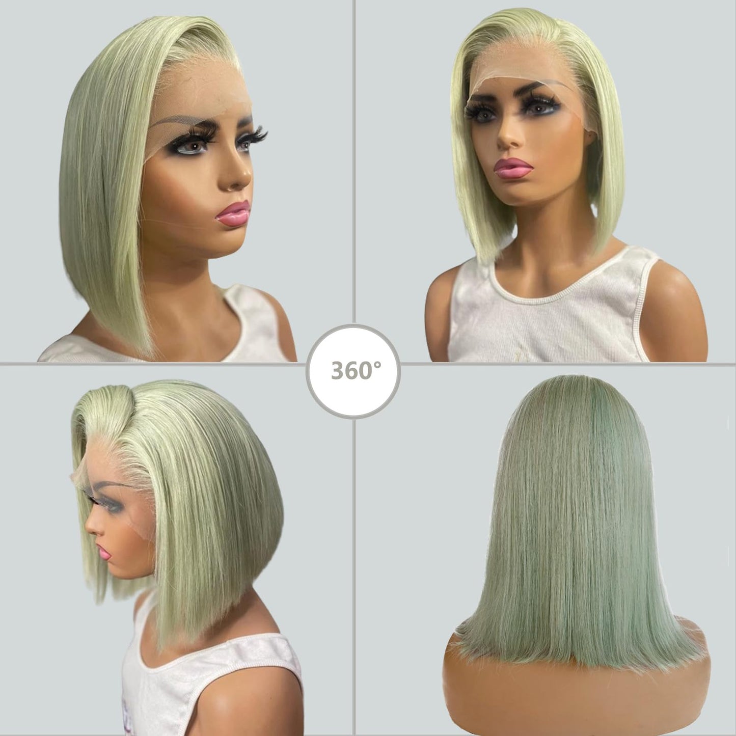 Mint Green Bob Wig Human Hair 10Inch Straight 13x4 HD Transparent Lace Frontal Wig Free Part Wig Short Bob 100% Human Hair Pre Plucked with Baby Hair and Natural Hairline for Women(10Inch,Mint Green)