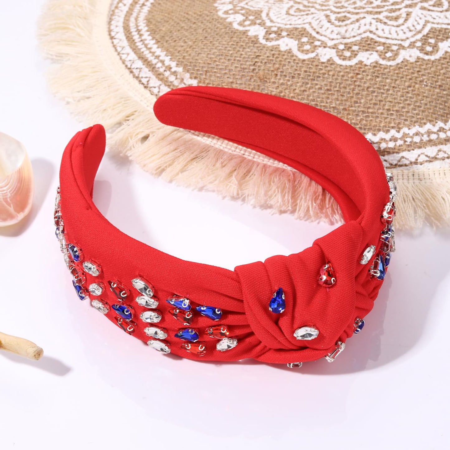 American Flag Rhinestone Knotted Headband for women Sparkly Red White Blue Crystal Embelishied Hairbands Twist Turband Headead (red 7.4-headband)