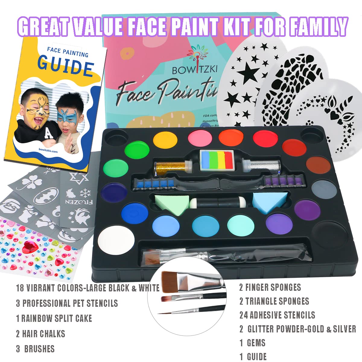 Bowitzki Face Paint kit-18 Colors, Split Cake Face Paint, Hair Chalks, Brushes, Sponges, Glitters, Gems, Reusable Stencils,Professional Non-Toxic Halloween Party Makeup Body & face Painting