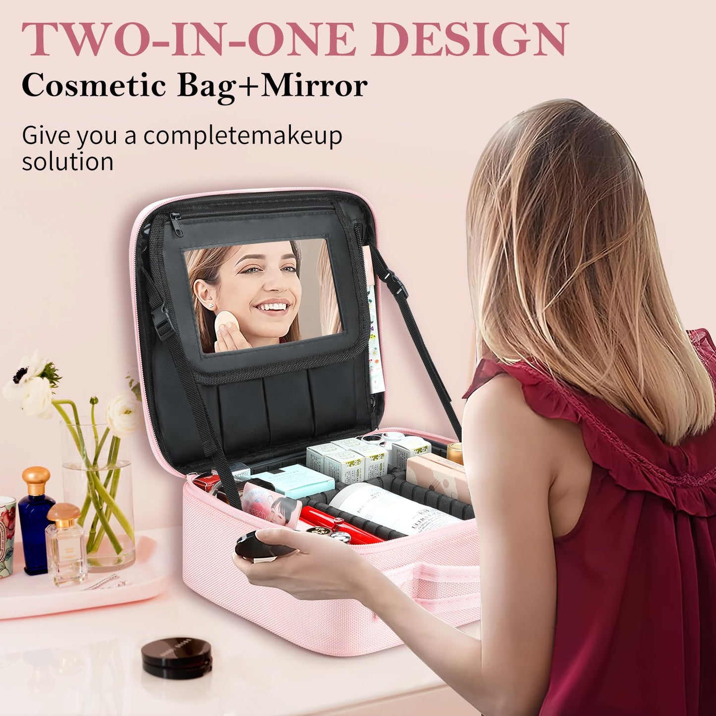 DROWIN Pink Makeup Bag with Mirror, Makeup Bags for Women, Travel Makeup Train Case, Makeup Organizer Bag, Adjustable Dividers & Support Straps, Portable Storage Bag for Makeup Brushes Toiletry