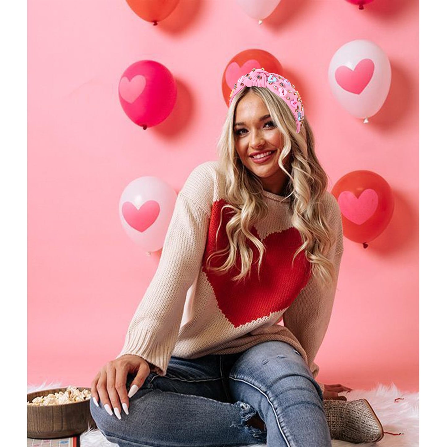 CEALXHENY Valentine’s Day Headbands Accessories for Women XOXO Love Massage Heart Headband Red Pink Heart Crystal Knotted Headband Jeweled Wide Top Knot Headband Valentine’s Day Gifts (XOXO A)