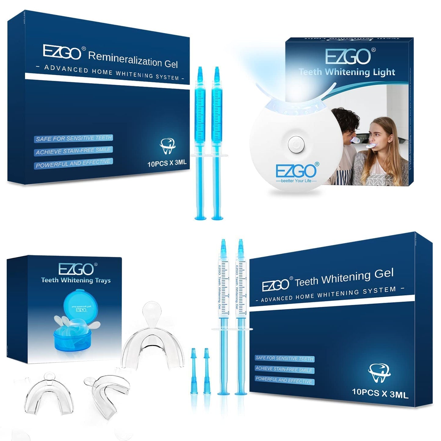 EZGO Teeth Whitening Gel Refill Pack and Remineralization Gel Teeth Whitening LED Light Mouth Tray Combo, Non-Sensitive Teeth Whitener Sets Helps to Remove Smoking, Coffee, Wine Stains