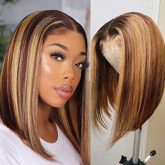 Highlight Lace Front Bob Wig Human Hair Ombre Honey Blonde 13x4 Hd Lace Front Wigs Human Hair Pre Plucked Ombre Brown 4/27 Colored Transparent Glueless Lace Frontal Human Hair Wigs For Black Women