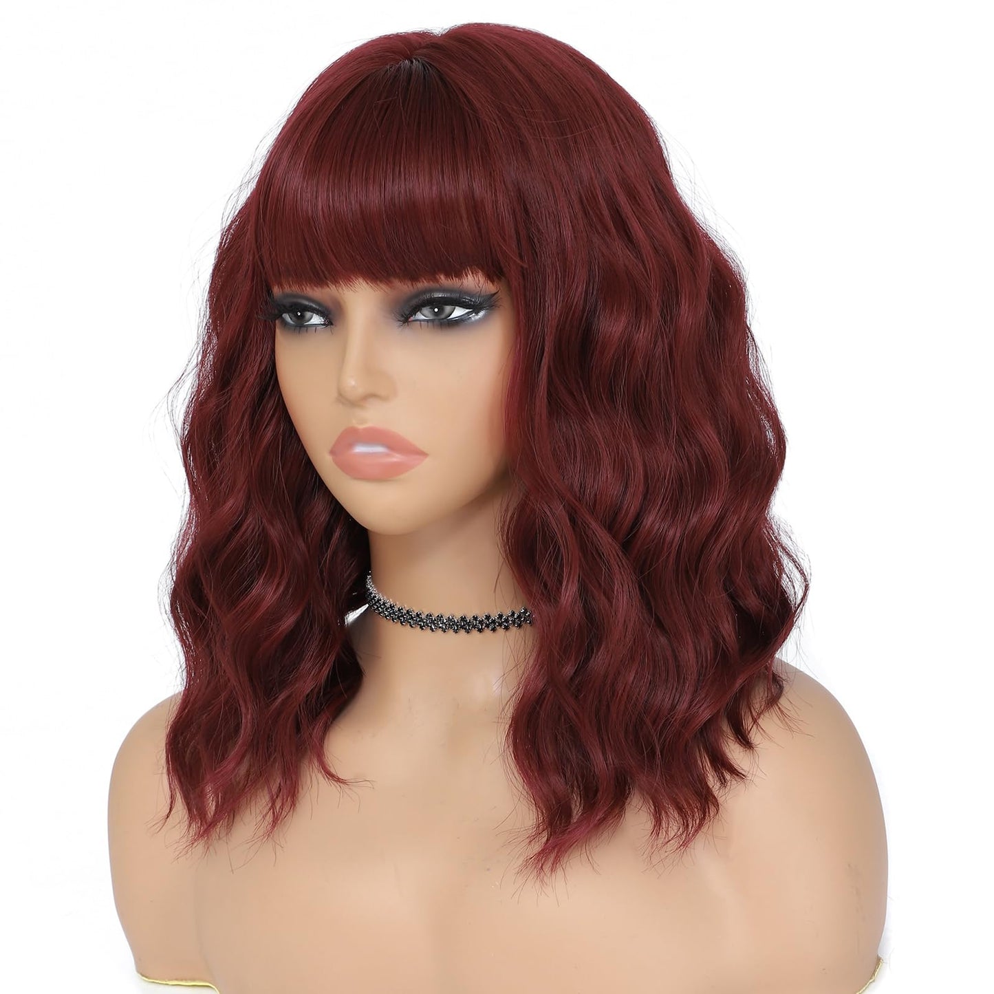 MINLEE Red Wig with Bangs for Women 14 Inch Short Bob Wavy Curly Wig Dark Red Hair Wigs Heat Resistant Synthetic Wigs