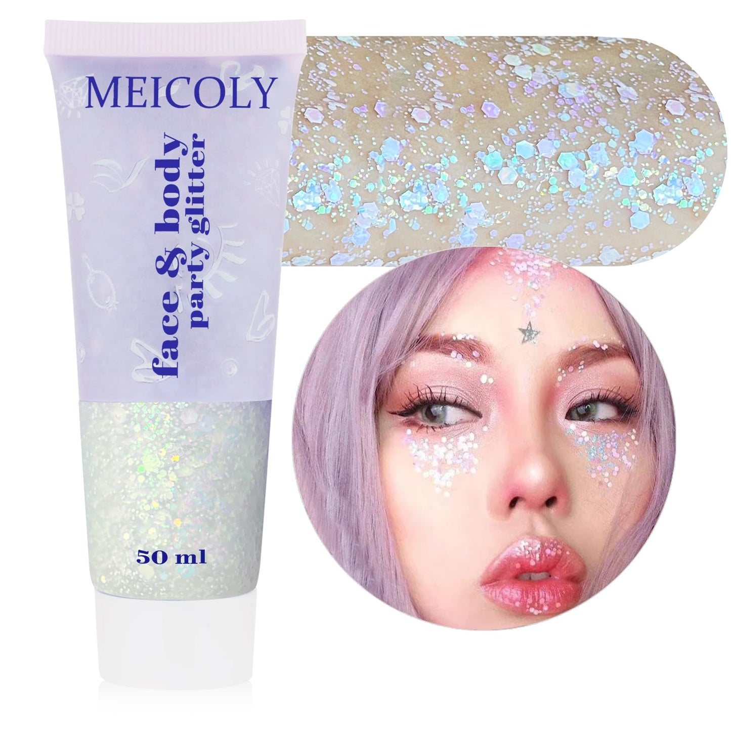 MEICOLY Chameleon Iridescent White Body Glitter,Chunky Face Glitter Paint,Color Changing Mermaid Face Glitter Gel,Opal Glitter Sequin for Face Body Hair,Halloween Festival Party Cheer Makeup,50ml