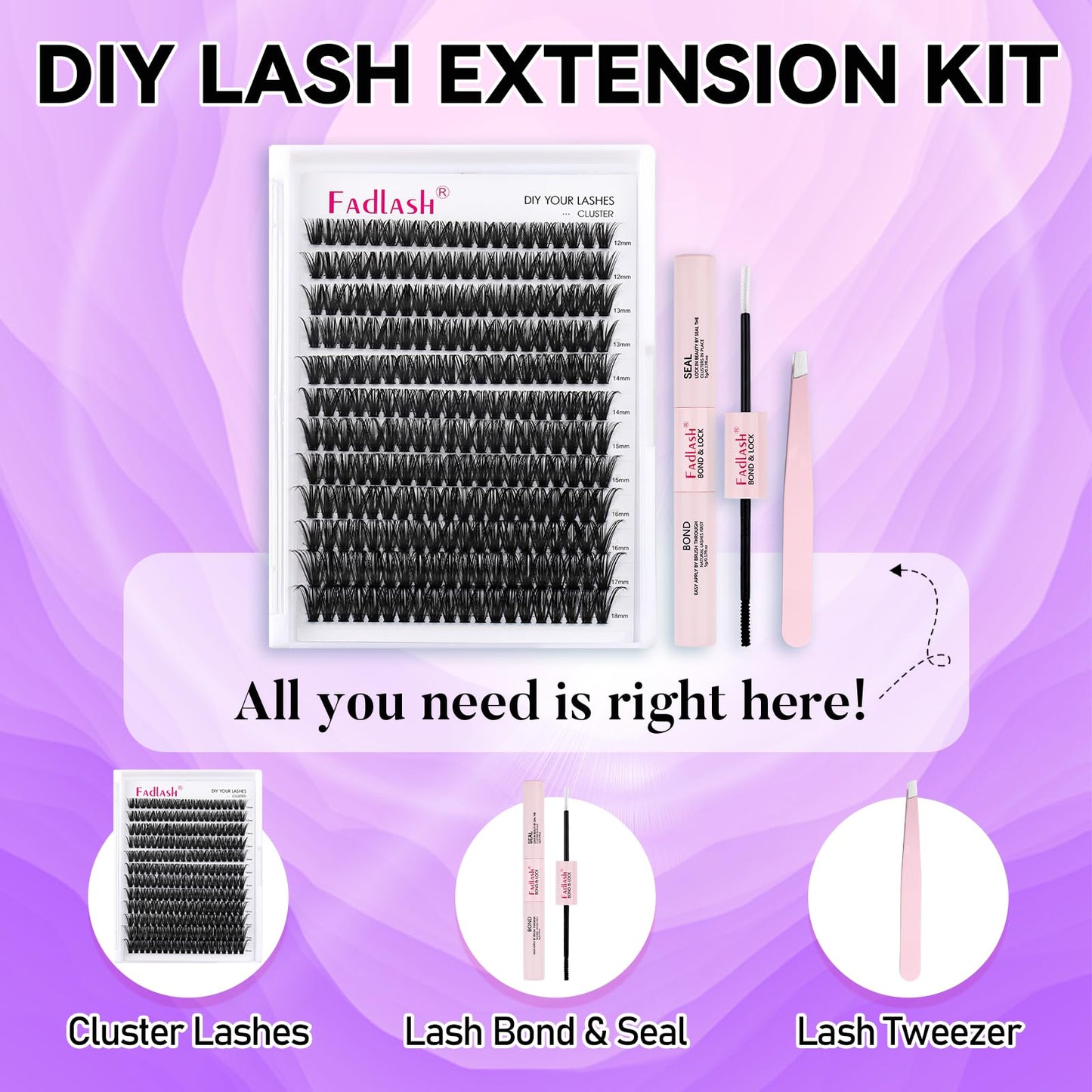 FADLASH DIY Lash Extension Kit Individual Lashes Cluster D Curl Eyelash Extension Kit with Lash Bond and Seal and Lash Applicator Tool for Self Application at Home (60D-0.07D-12-18MIX KIT)